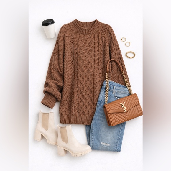 anrabess Dresses & Skirts - Cozy Cable Knit Sweater Dress in Taupe